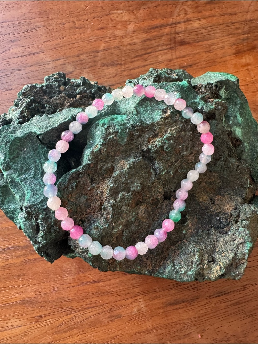 Rainbow fluorite Pink and Green Beaded Stretch Bracelet